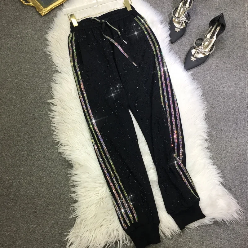 Side Stripe Hot Drilling Women Casual Sports Pants 2024 New Autumn Fashion Shiny Drawstring Elastic Waist Diamonds Harem Pants