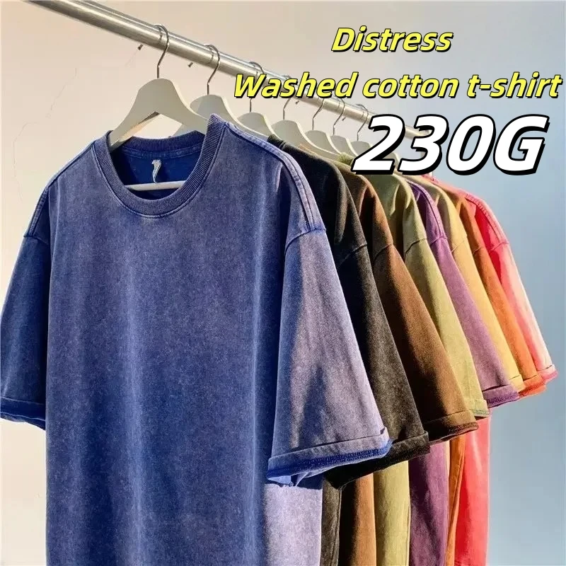 American Style Retro Heavyweight Solid Color Short Sleeved T-shirt Men Women Summer Street Trendy Washed Old Oversized Clothes image 2
