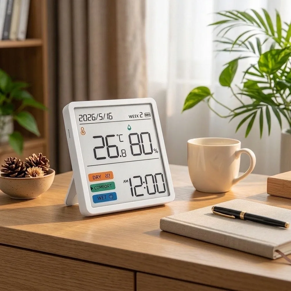 Digital Temperature Humidity Monitor with Large Segmented Screen for Clear Readability in Low Light or Distance Viewing