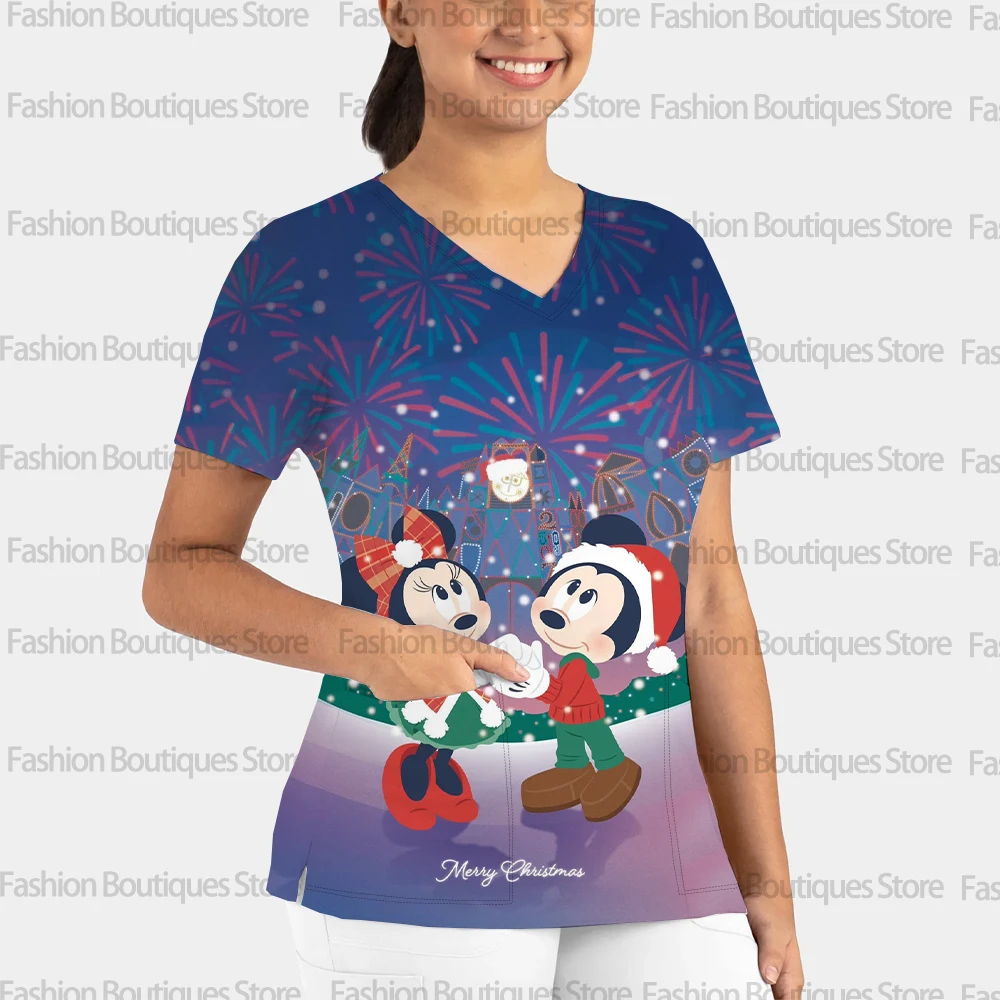 

Women's fashionable medical work clothes, Christmas style, Disney Mickey Mouse print, summer casual V-neck short-sleeved surgica