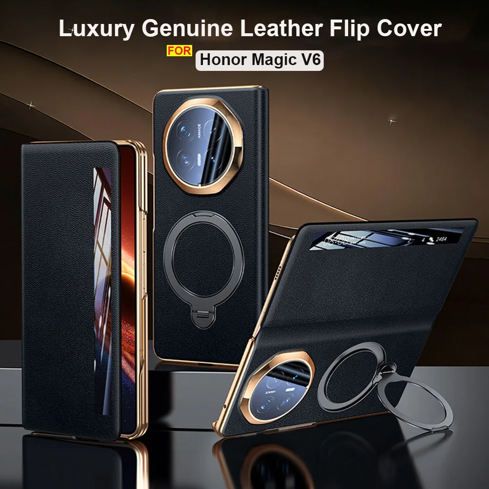 

Luxury Genuine Lethaer Flip Cover For Magsafe Charge For Honor Magic V6 Window View Phone Case Metal ring Holder Stand Funda