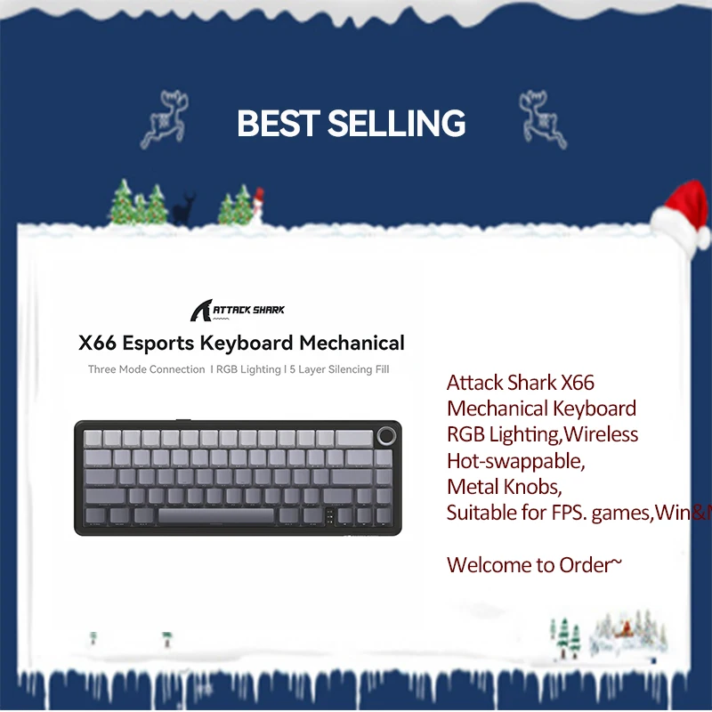 

Беспроводная механическая клавиатура Attack Shark X66 RGB, освещение RGB, возможность горячей замены, металлические ручки, подходят для FPS. игры,Win&Mac