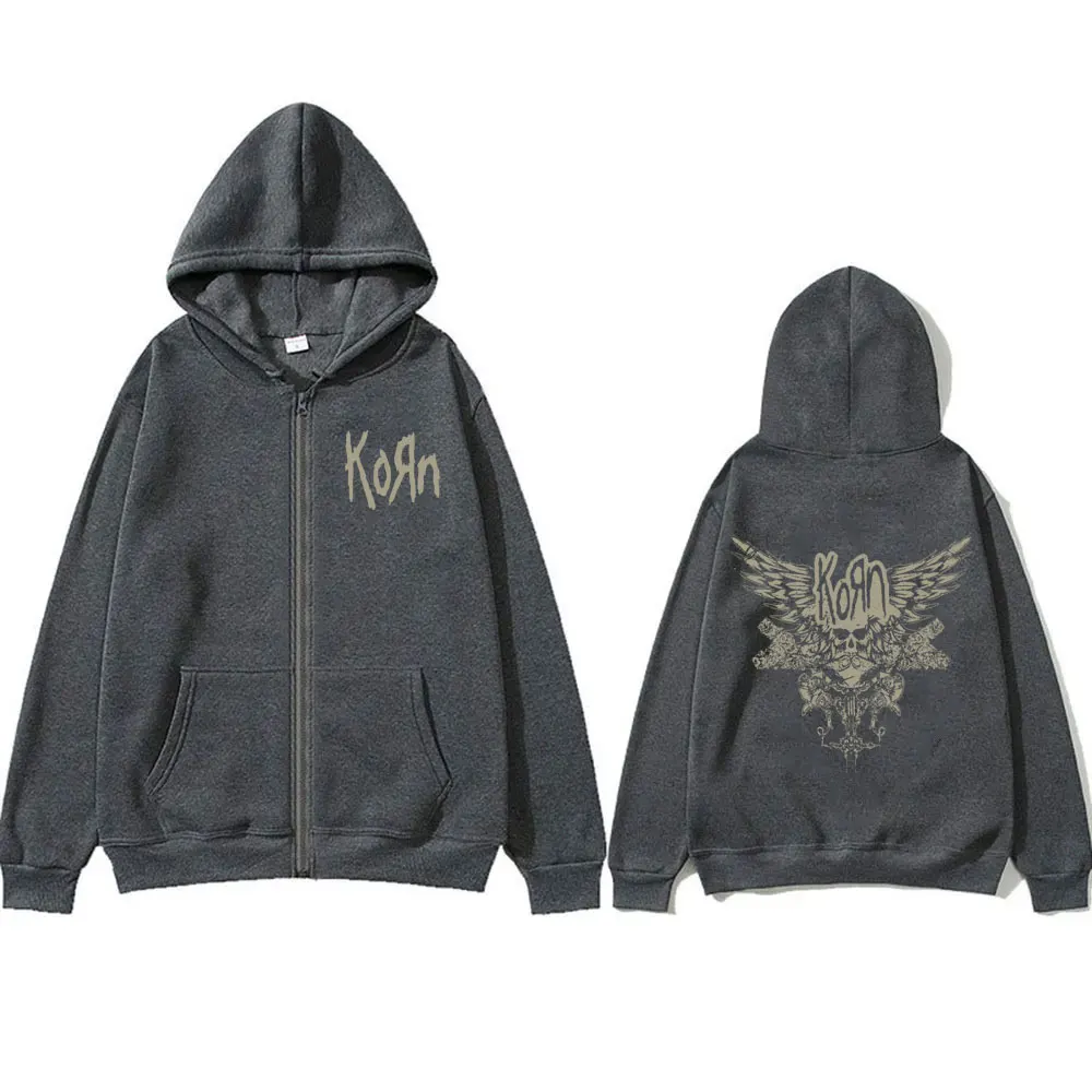 Korn Skeleton Wings Girls Juniors Black Metal Gothic Rock Band Zipper Hoodie Men Women Vintage Oversized Fleece Zip Up Jacket