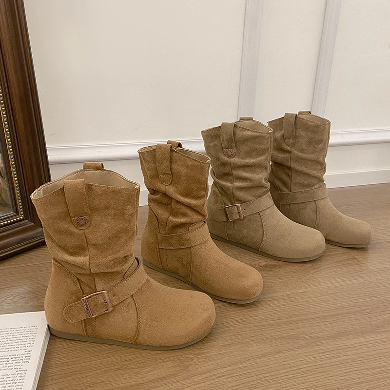 Women Suede Mid Calf Boots Buckle Decor Flat Heel Retro Casual Boots