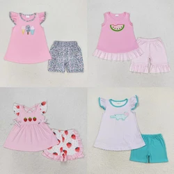 Wholesale Children Embroidery Two Pieces Outfit Toddler Kid Shorts Strawberry Watermelon Popsicles Baby Girl Summer Sets Clothes