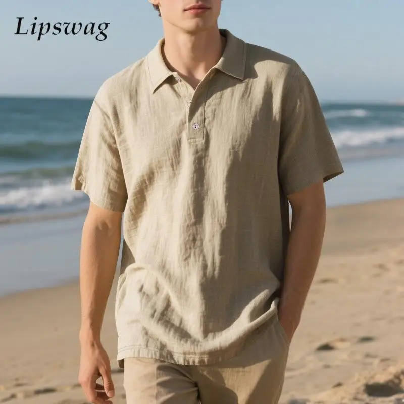 

Daily Casual Short Sleeve Linen Polo Shirt Mens Fashion Solid Color Buttoned Polo Neck Tops Men Spring Summer Leisure Pullovers