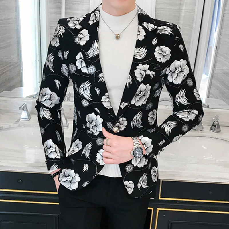 2024 Four Seasons Men Hot Stamping Floral Fashion Handsome Printed Business Casual Suit Korean Version Slim-fit Suit  Blazer