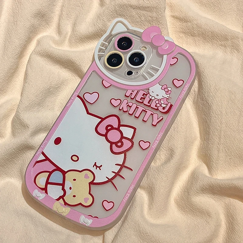 Sanrio Hello Kitty Cute Case For iPhone 15 14 13 12 11 Pro Max XR XS MAX 7 8 Plus Luxury Cartoon Transparent Cover Lady Girl Y2K