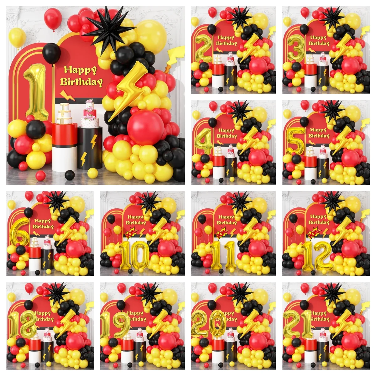 Rotes, schwarzes und gelbes Ballon-Set mit digitalem Blitz-Stern-Ballon, geeignet für Geburtstagspartys mit Cartoon-Motiv