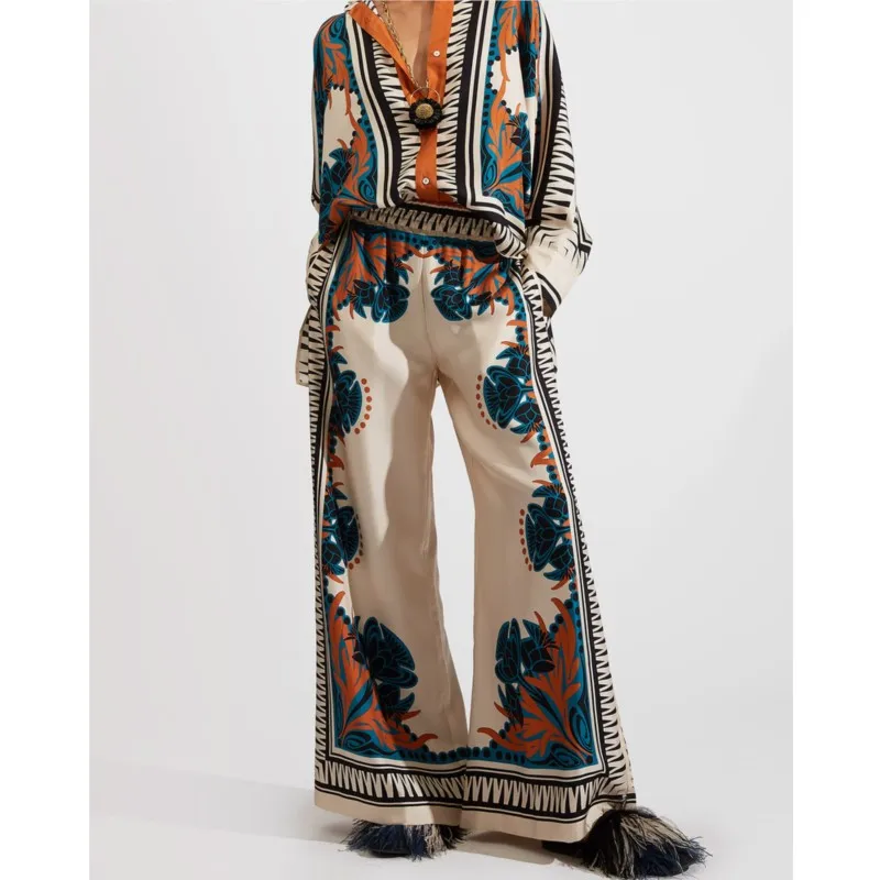 

Vintage Print Pants Sets Women Irregular Loose Long Sleeve Shirt Wide Leg Trousers Two Piece Set Female Fashion Trend Streetwear