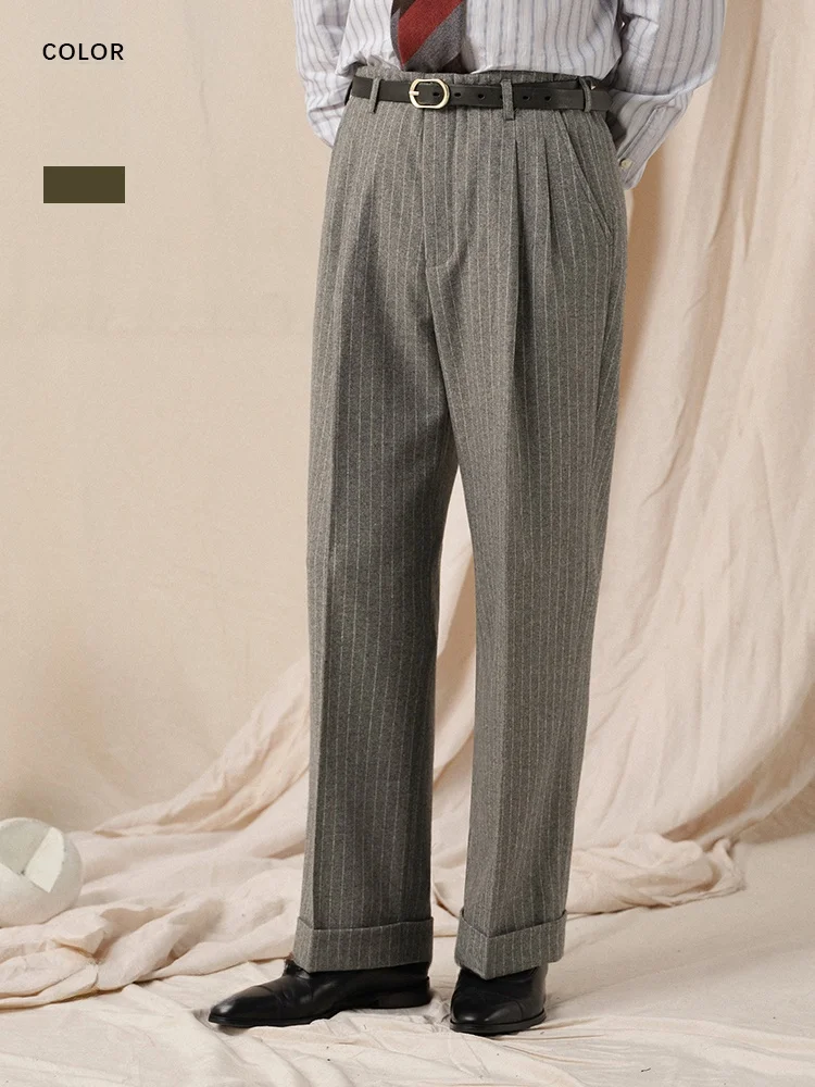 

Cultum 930s Retro Thiened Woolen Casual Busin Men's Pants Double Pleat Straight Leg Long Trousers for Youth Winter