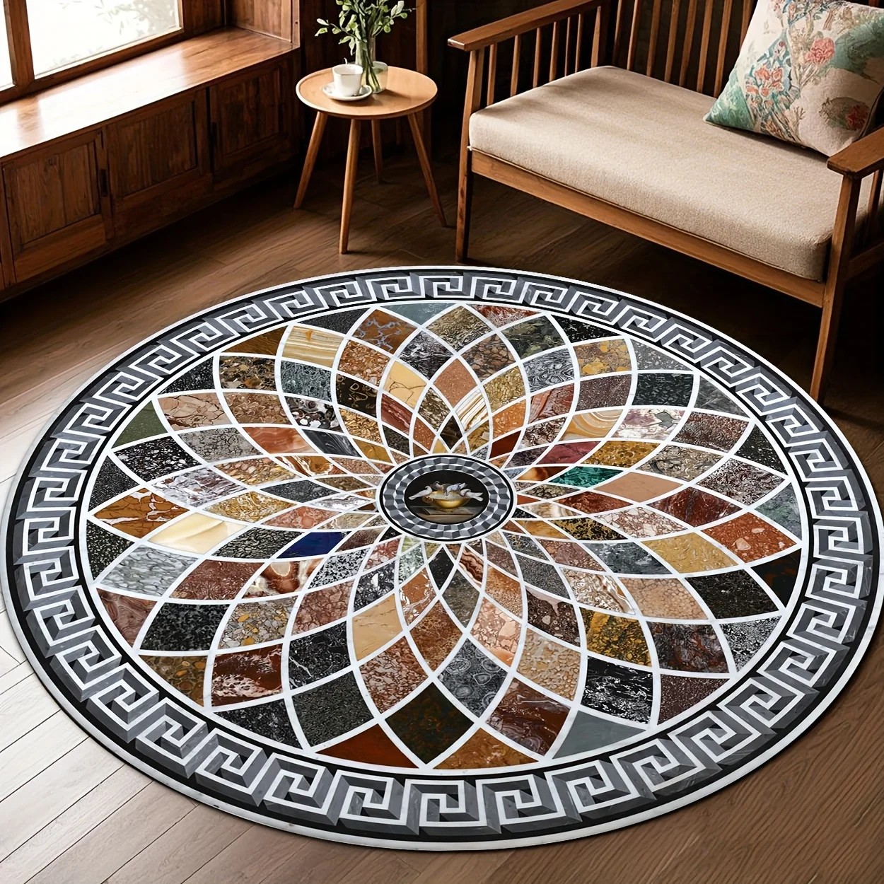 Vintage Elegant Circular Floor Mat Multi Color Marble Mosaic Geometric Pattern Greek Border Printed Round Rug  Luxury Interior