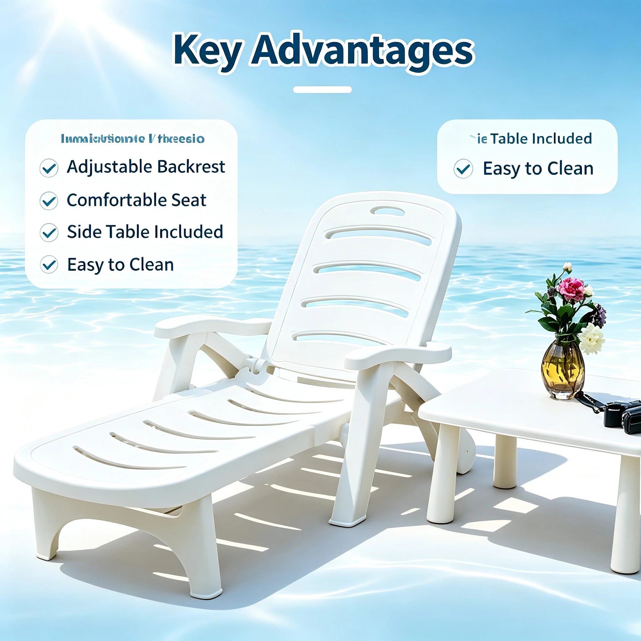 Plastic Foldable Beach Lounge Chair, Adjustable Backrest Dual Purpose Recliner for Swimming Pool Garden Outdoor Leisure Rest view 2