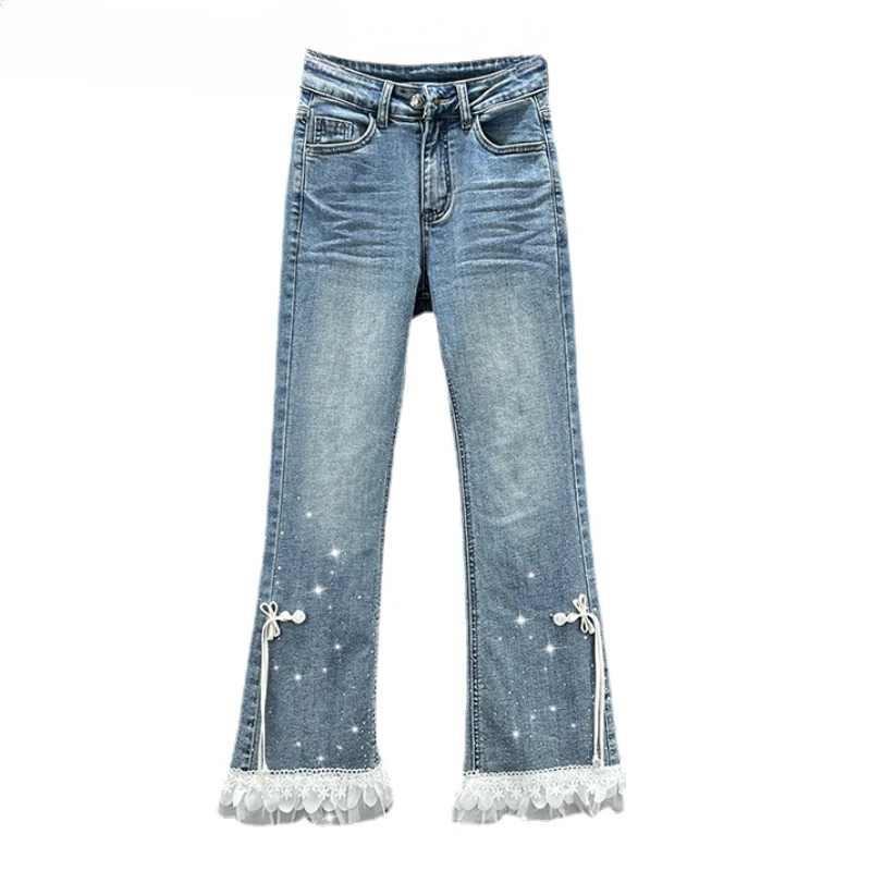 

Lace Stitching Denim Bootcut Trousers Women's 2024 New Spring High Waist Slimming National Style Rhinestone Jeans Flare Pants