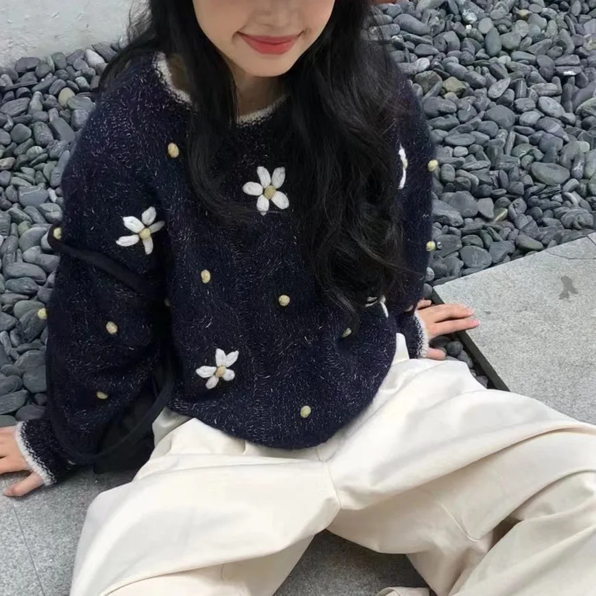 Knitted Women Pullovers Sweaters Casual Jumper 3D Floral Crochet O Neck Long Sleeves Loose Slight Strech Office Lady 2025 Autumn