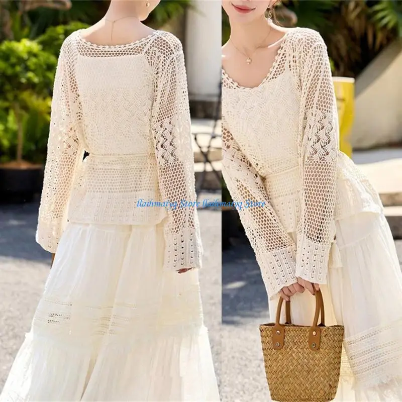 

573B Womens Hollow Out Long Sleeve Shirt Loose Sweater Pullover Top Beach Cover Up