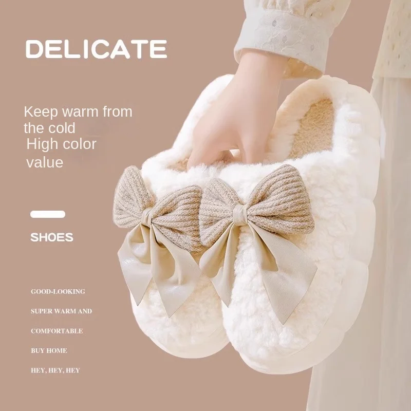 Bow Cotton Slippers Women's Winter Indoor Home Use 2024 Style Cotton Slippers Autumn/winter Thick Bottom Warm Postpartum Shoes