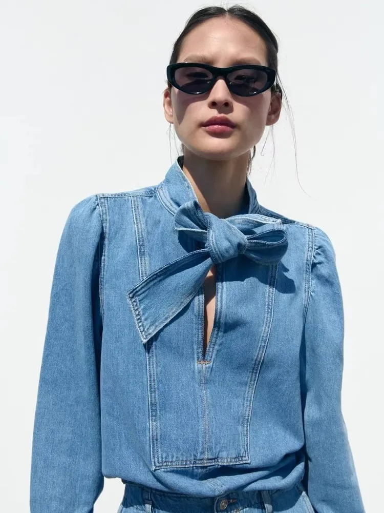 

Blue Retro Denim Set, Women'S Spring And Autumn Design, Bow Embellished Shirt With High Waisted Denim Cape Skirt