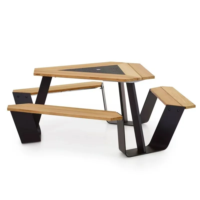 Outdoor stainless steel teak one-piece tables and chairs, deck tables and chairs in public places of scenic resorts