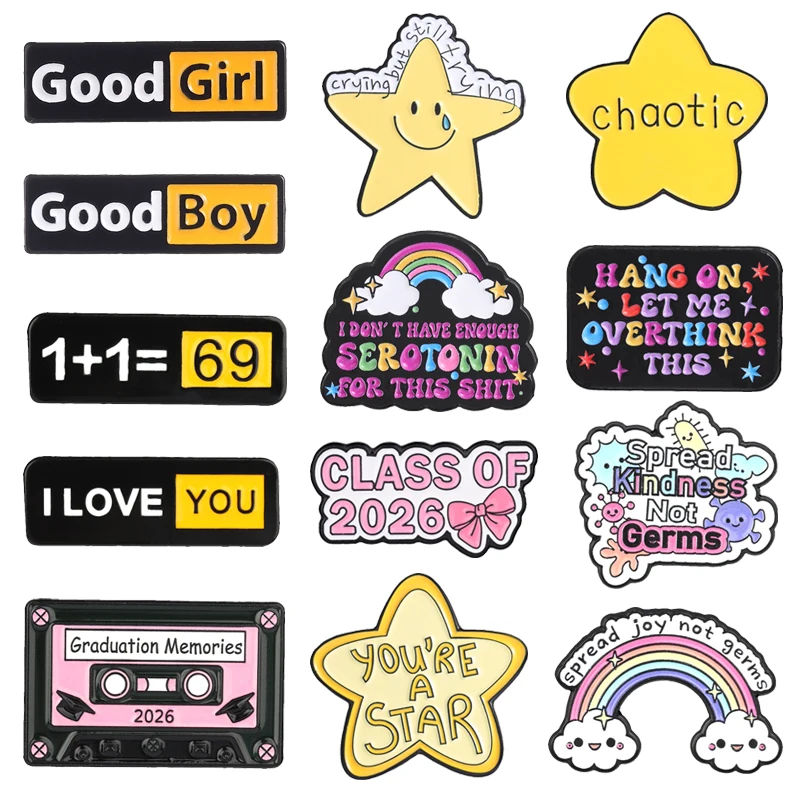 

14pcs Health Positive Quotes Enamel Pins Overthink You're a Star Retro Cassette Tape Bow Brooches Lapel Badge Jewelry Gift for