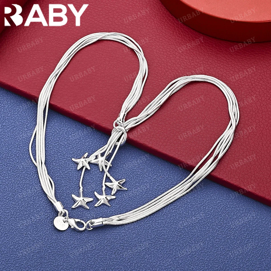 

URBABY 925 Sterling Silver Five Starfish Multi Snake Chain Necklace Fashion Jewelry Cute Grace Birthday Gift Party