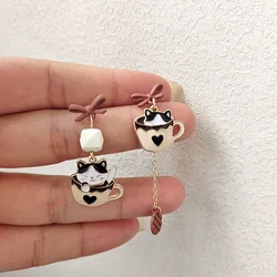 S925 Needle Cute Teacup Kitten Earrings for Women Girls Long Tassel Asymmetrical Enamel Cartoon Cat In The Coffee Cup Earrings