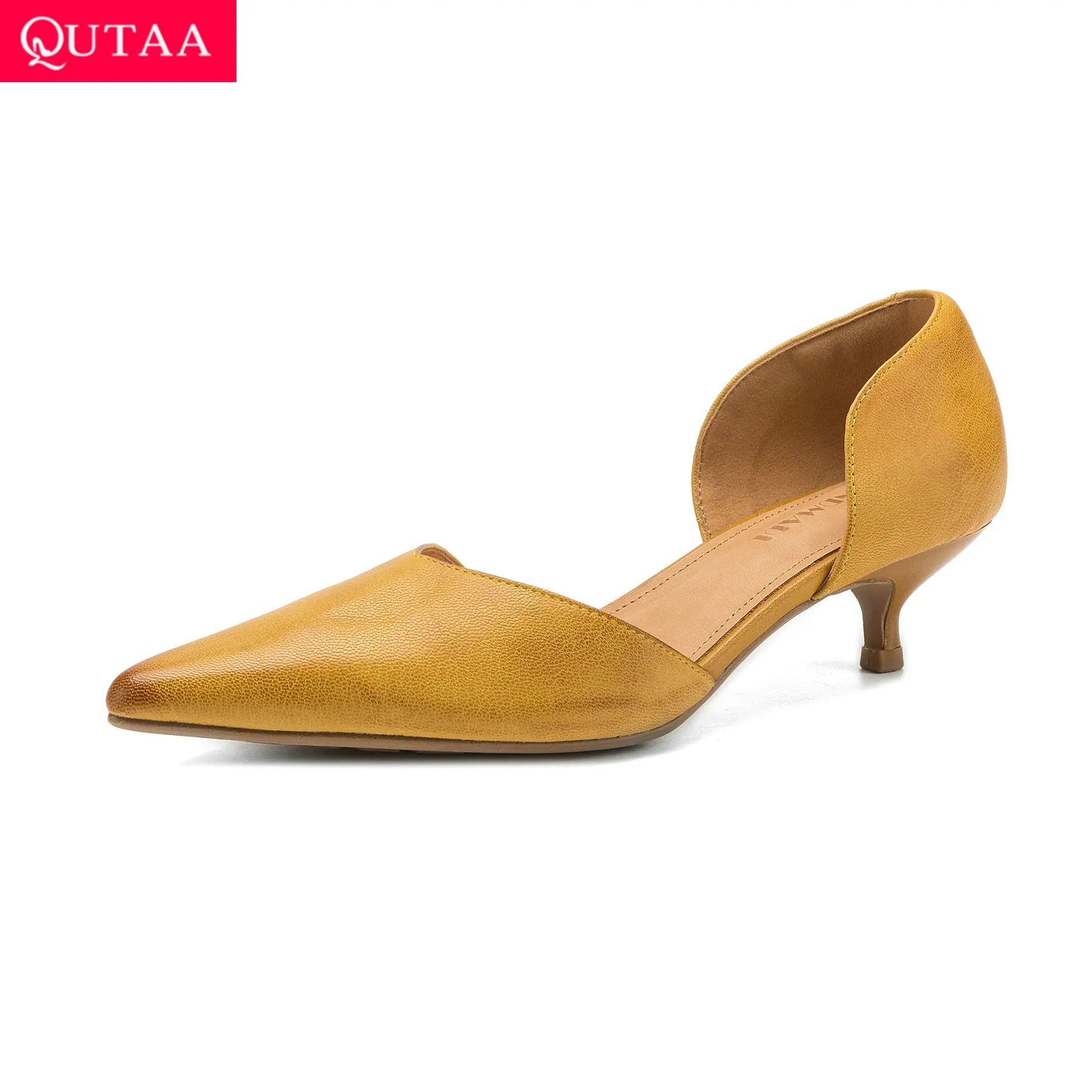 QUTAA News Fashion Cow Leather Women Pumps Shoes Kitten Mid High Heels Pointed Toe Sexy Spring Office Shoes Summer Dress 34-42