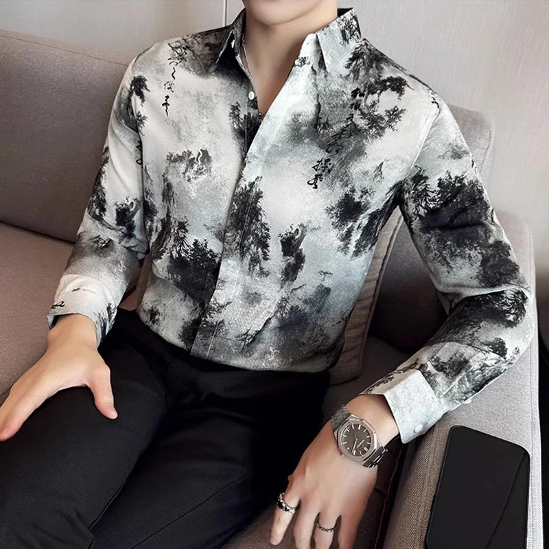 Chemise à manches longues imprimée de peinture à l'encre de style chinois rétro pour hommes, chemise élégante à boutonnage simple, streetwear d'automne, grande taille