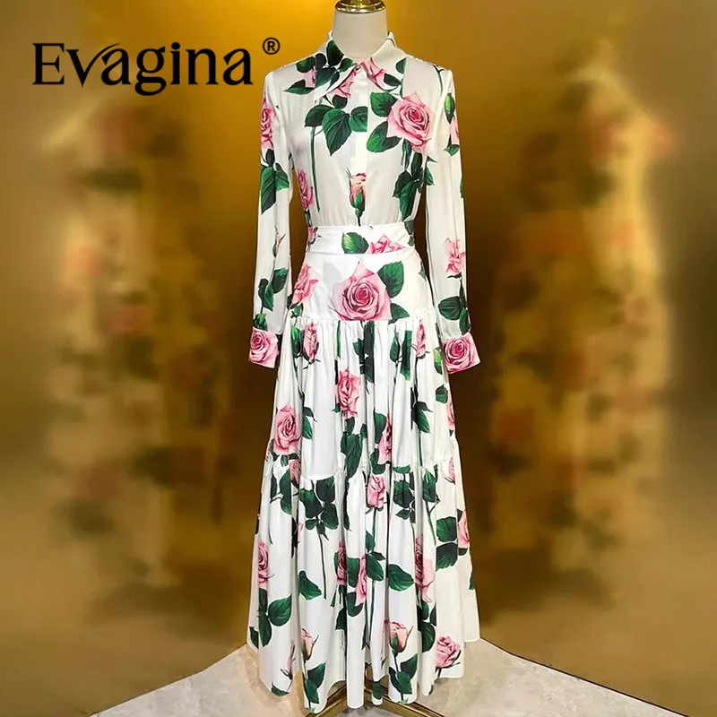 

Evagina Spring Summer New Women's Suit Sexy Turn-Down Collar Single-Breasted Silk Tops+Big Swing Cotton Skirt Print 2-piece set