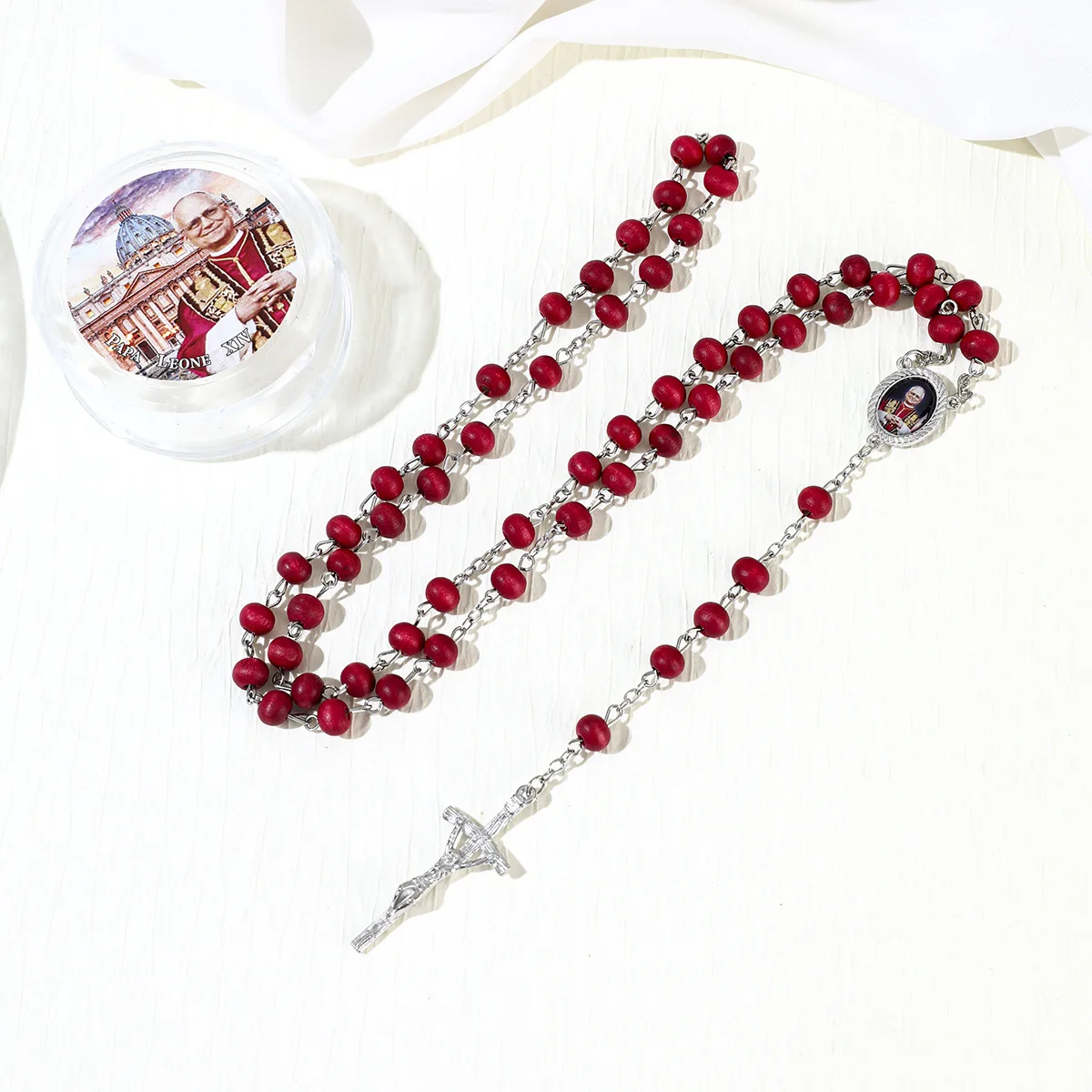 6/12/20/60 Sets Papst-Franziskus-Rosenkranz-Geschenke, rote Perlen, katholischer Rosenkranz mit Papst-Box für Taufe und Gebet – Detail 3