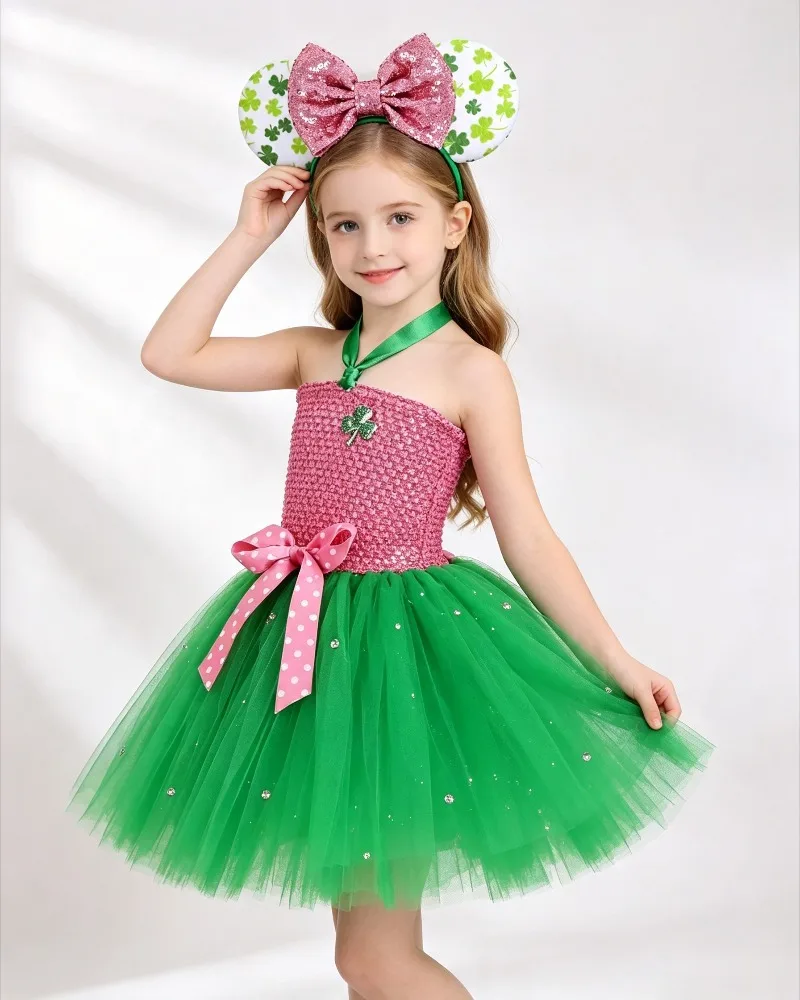 Girls New Saint Patricks Day Pink&Green Irish Festival Tutu Dress Tulle Party Gown Kids Holiday Christmas Celebration Stage Wear