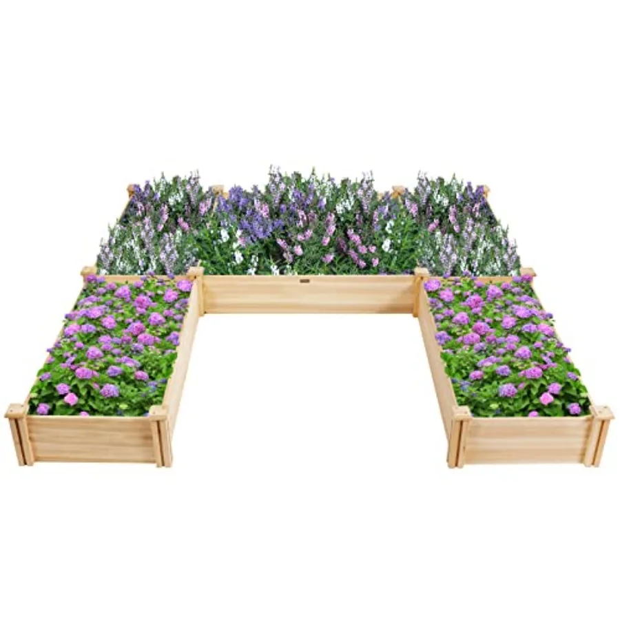 Outdoor wooden raised garden bed kit in natural wood color: divisible, elevated planter for flowers, vegetables, grass, lawn, y