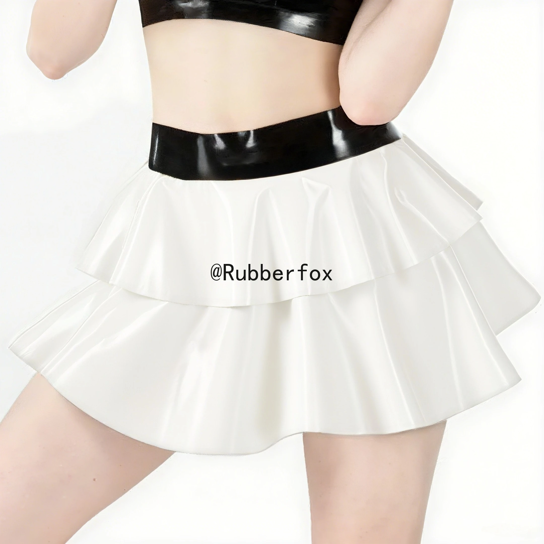 

customized latex mini skirt with black waistband double layers white flared skirt fashion show club wear