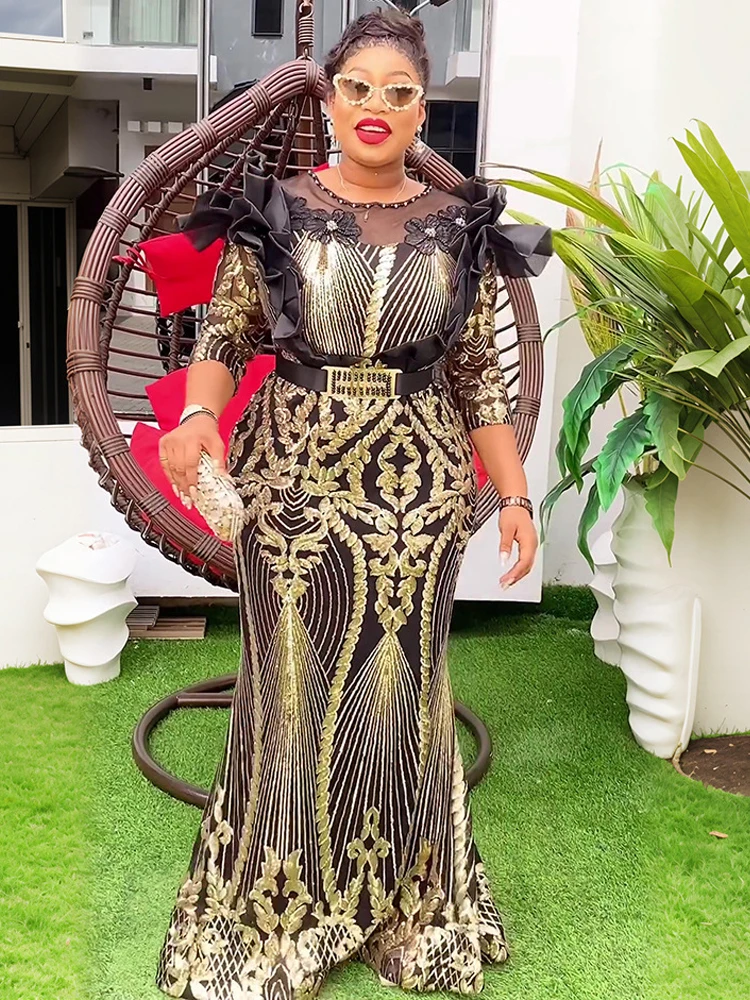 

African Wedding Party Dresses For Women Luxury Sequin Mermaid Long Dress Ankara Dashiki Outfit Africa Clothes Special Occasions