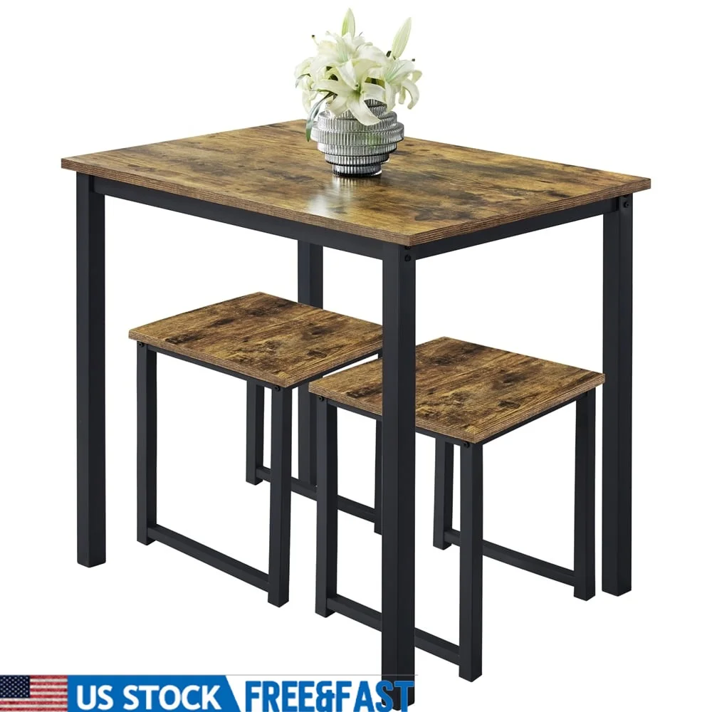 3-Piece Industrial Dining Set Table with Backless Stools Space Saving Practical Furniture Kitchen Dining Room