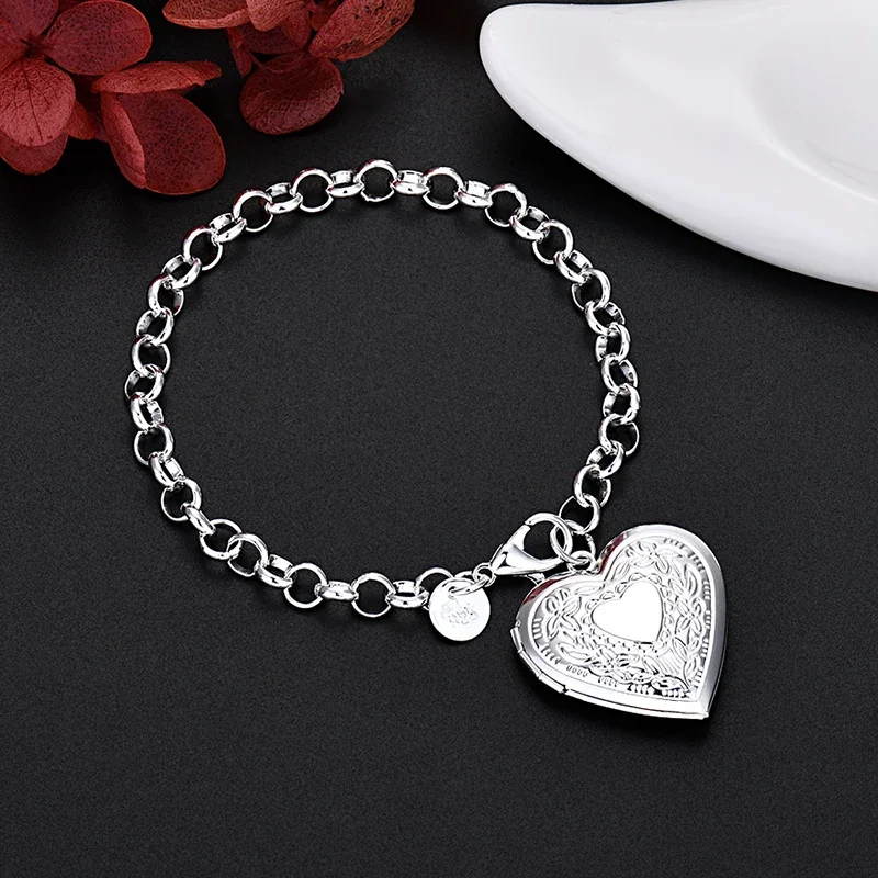 Hot original 925 Sterling Silver beautiful Heart shaped frame pendant Bracelets for women fashion party wedding Jewelry gifts