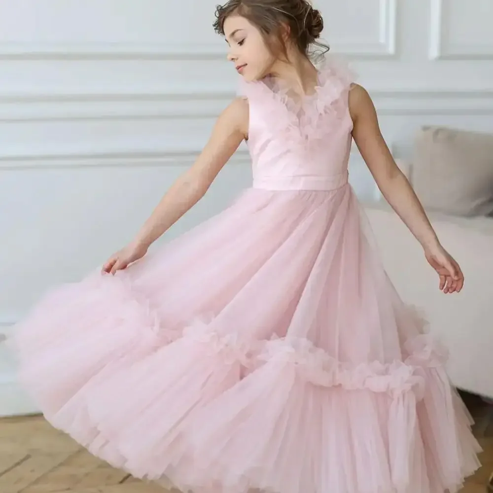 

Puffy Girl Pink Baby Dress with Train Flower Girl Dress Bow Cute Kid's Child Birthday First Communion Gown