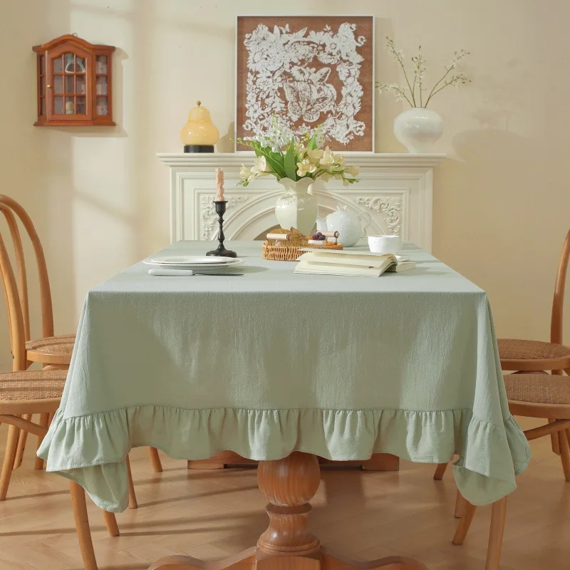 

100% Cotton Plain Table Cover Farmhouse Ruffle Tablecloth Soft Water-washed Tablecloth for Rectangle Party Wedding Decor Durable