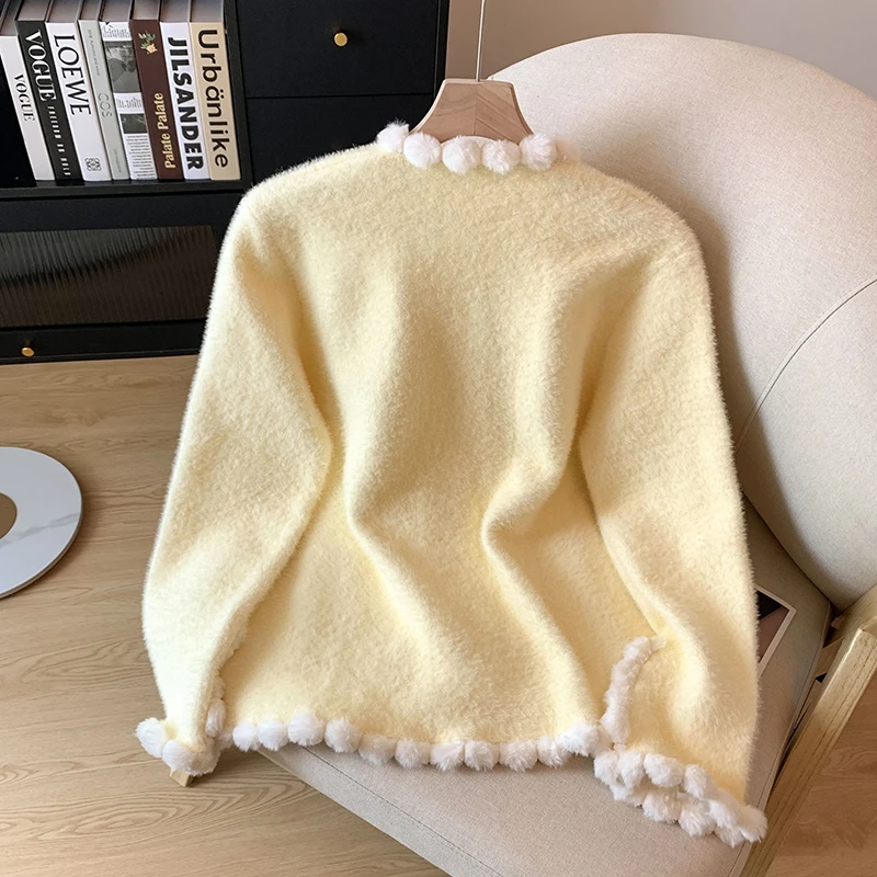 Suéter de piel de visón con cuello en V de estilo francés, abrigo elegante para mujer con temperamento a la moda y botones de perlas, cárdigan de manga larga para mujer