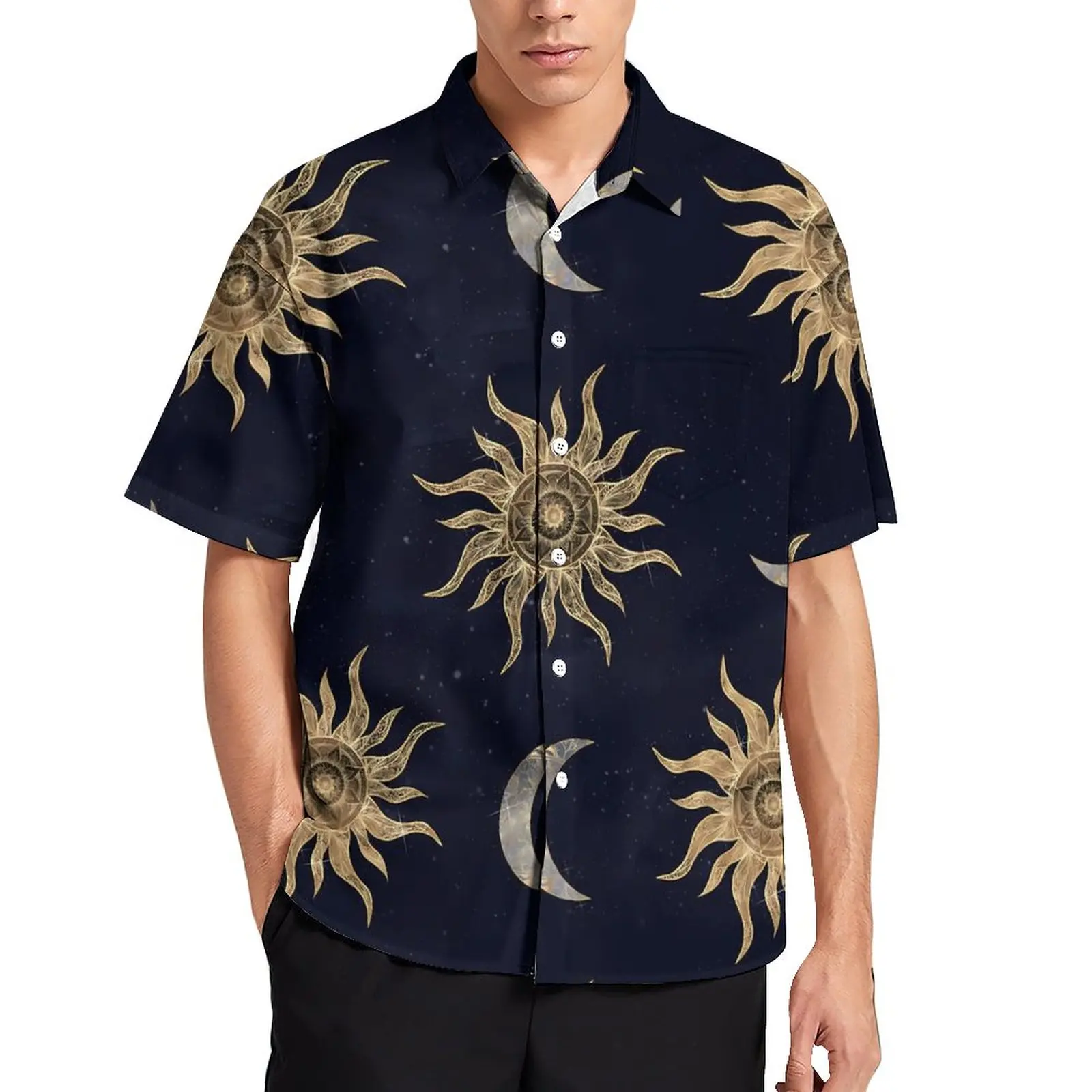 

Gold Sun Moon Vacation Shirt Mandala Blue Hawaiian Casual Shirts Male Streetwear Blouses Short Sleeve Printed Clothing Big Size