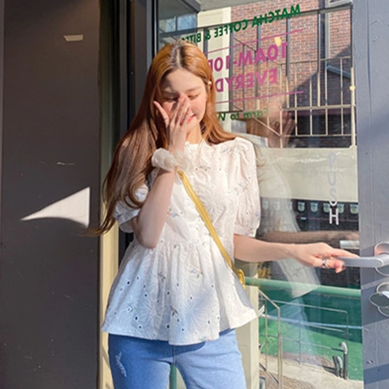 Estate delle nuove donne irt pizzo scava fuori bambola camicetta Sve coreano Sle rotondo Ne ort Sve vestibilità ampia Bubble Sve Top
