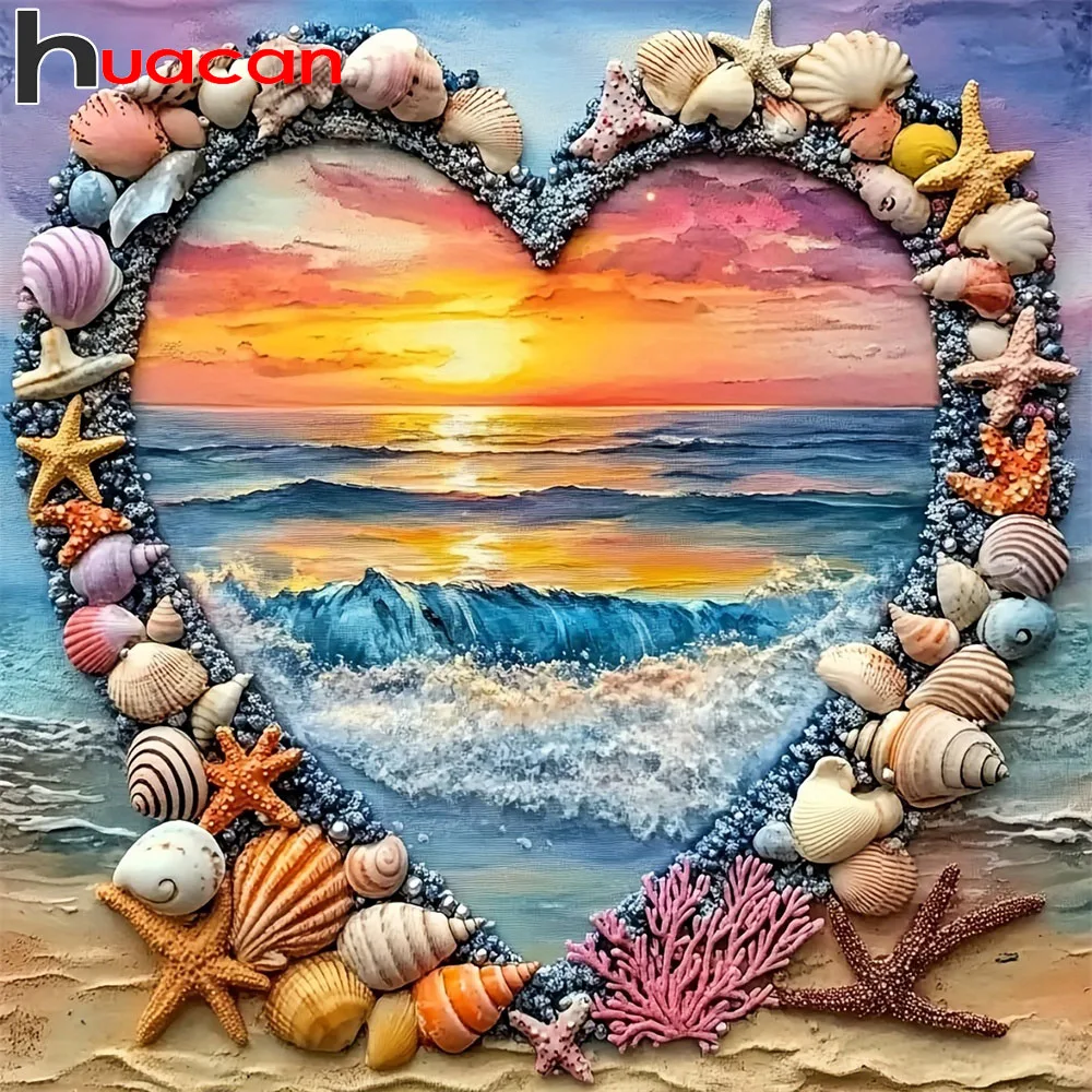 Huacan DIY Diamantmalerei Meeresmuschel-Herz Diamantstickerei Landschaft Wanddekoration Handgemachtes Geschenk