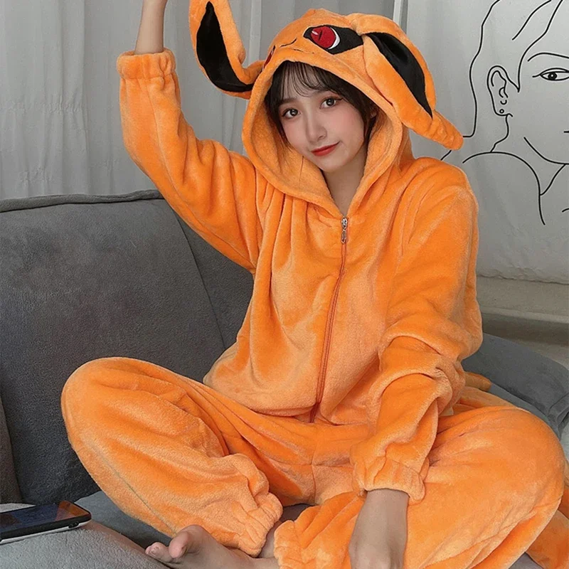 Anime Kurama Nine Tailed Fox Pajamas Cosplay Costume Flannel Home Adult Sleepwear Jumpsuits Kurama Flannel Nightgown Suit