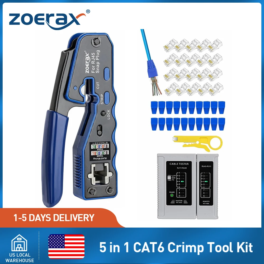 

Набор обжимных инструментов ZoeRax RJ45 для обжима через щипцы Ethernet и тестер для модульных разъемов Cat5e Cat6 8P8C (батарея в комплект не входит)