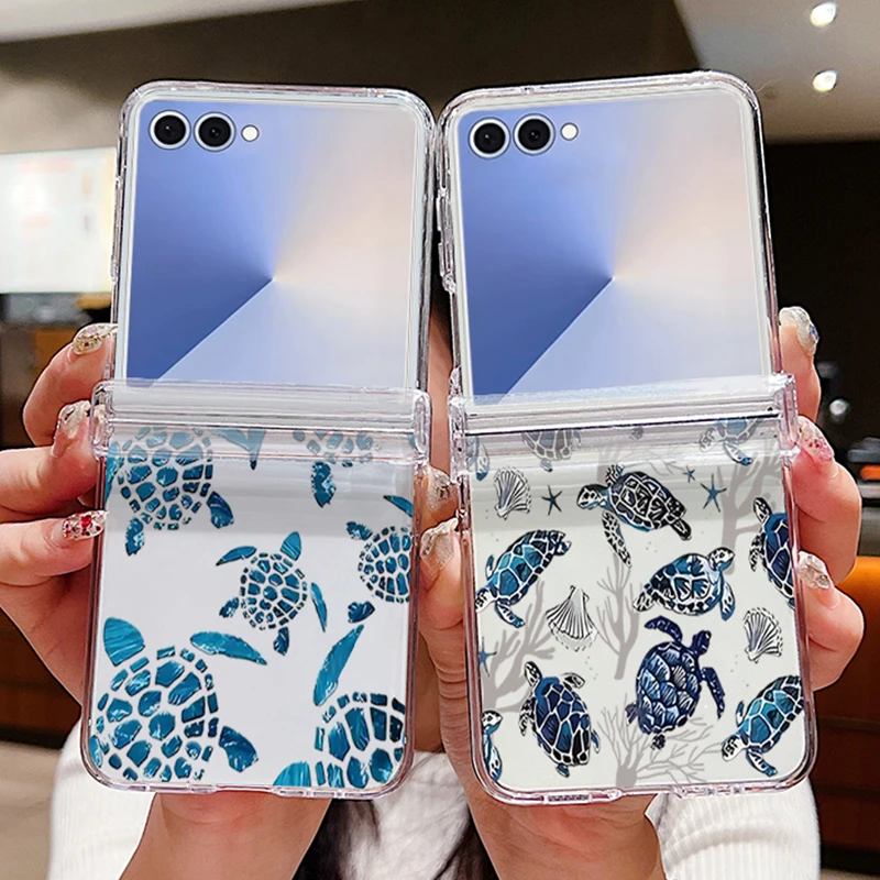 Whales Turtles Pattern Clear Phone Case For Samsung Galaxy Z Flip 7 6 5 4 3 5G Folding Hard Back Cover For Samsung Z Flip7 Flip6