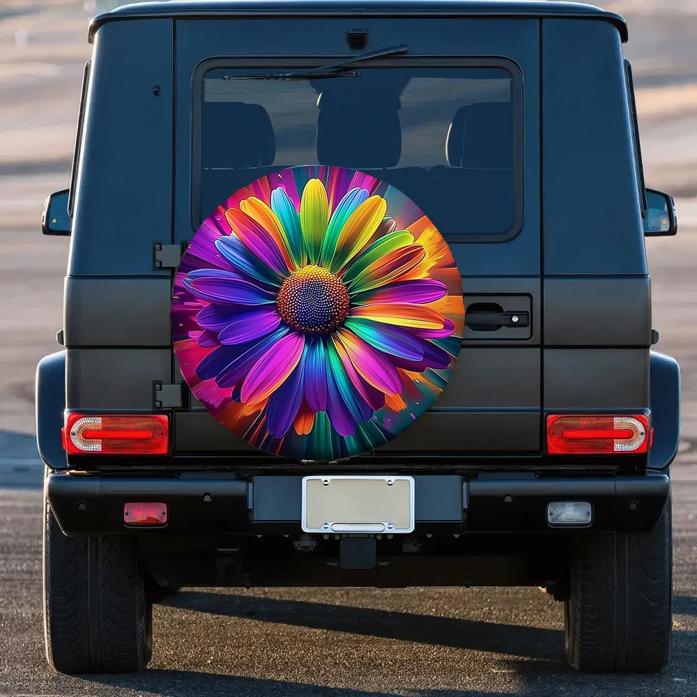 1pc Vibrant Rainbow Daisy Tire Covers - Machine Washable Polyester, Fit For Truck Trailers & RVs, No Electricity Needed, Perfect