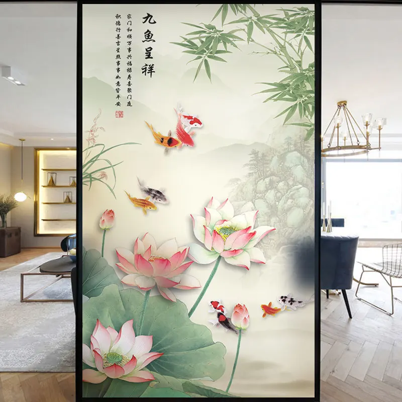 

No Glue Privacy Windows Film Decorative Chinese Flower Painting Stained Glass Static Cling Frosted Window Stickers