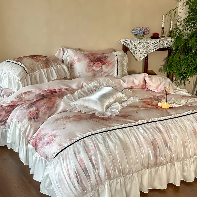 Lyocell Cotton Soft Retro Rose Cake Ruffle Lace Duvet cover set Elegant Chic Bedding Set Comforter Cover Bed Sheet 2Pillowcases