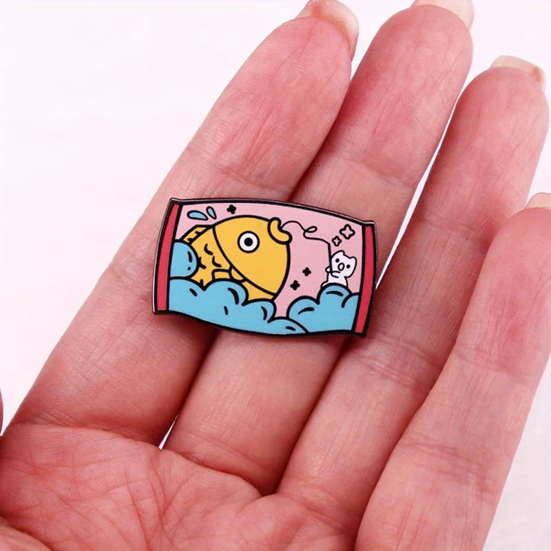 Cute Cartoon Badge Small Cat Fishing for Big Fish Brooch