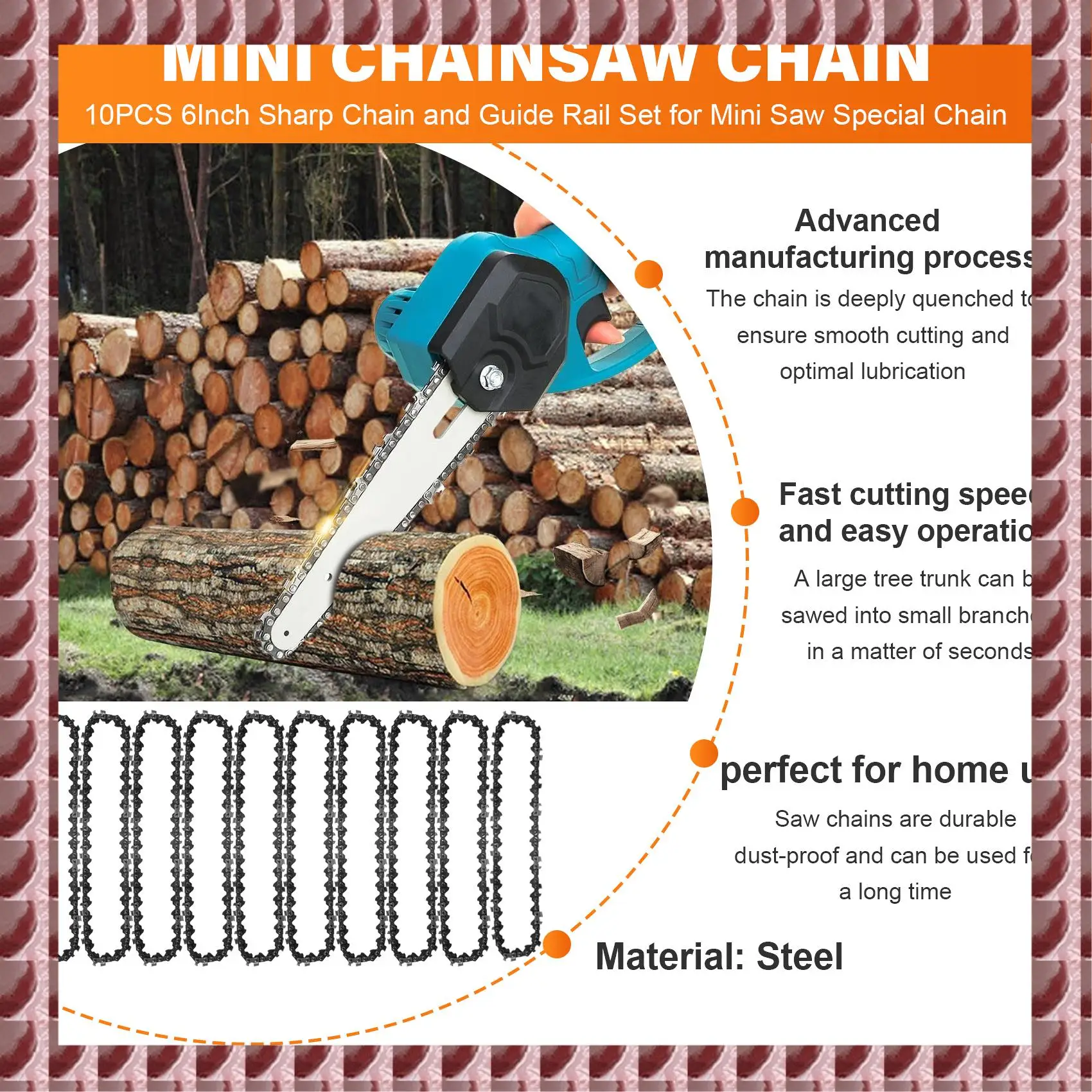 A95G 10PCS 6 Inch Sharp Chain And Guide Rail Set For Mini Saw Special Chain Hardware Tool Saw Chain